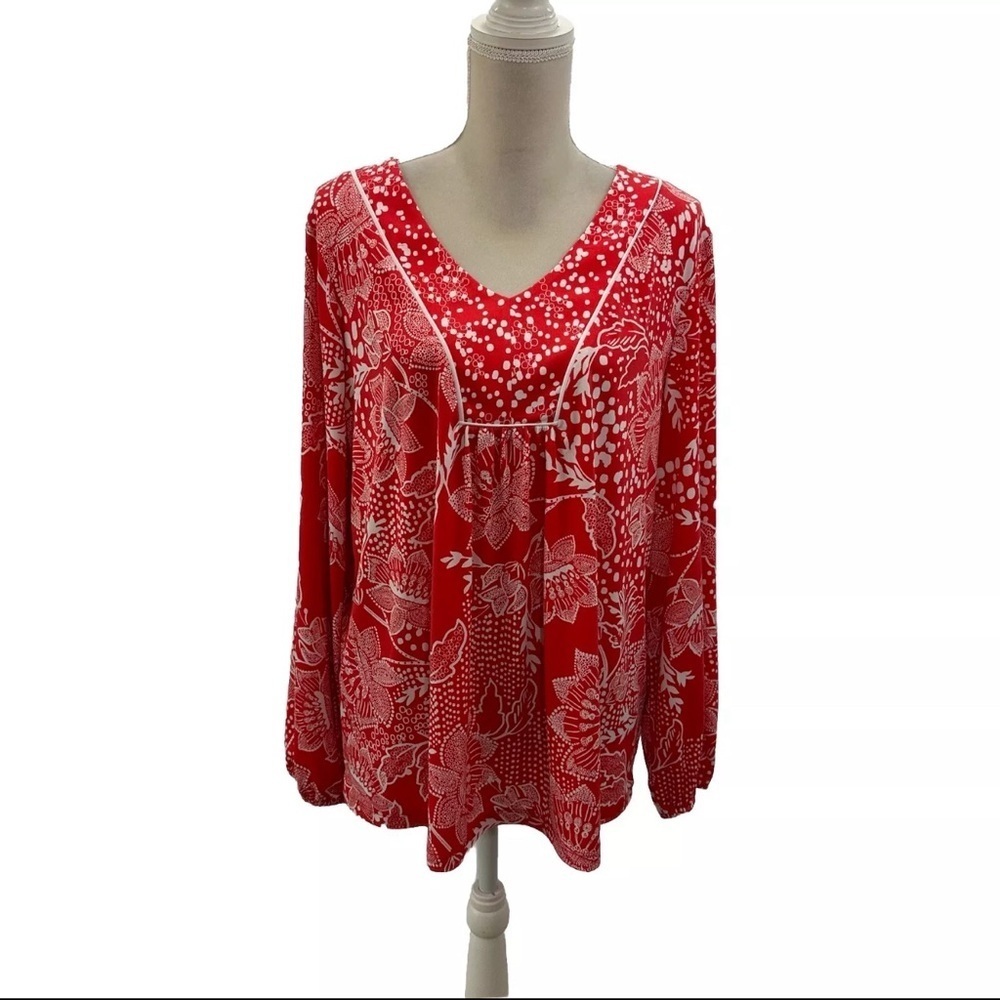 Susan Graver Plus Orange White Floral Blouse Women’s 1X V Neck Rayon Relaxed